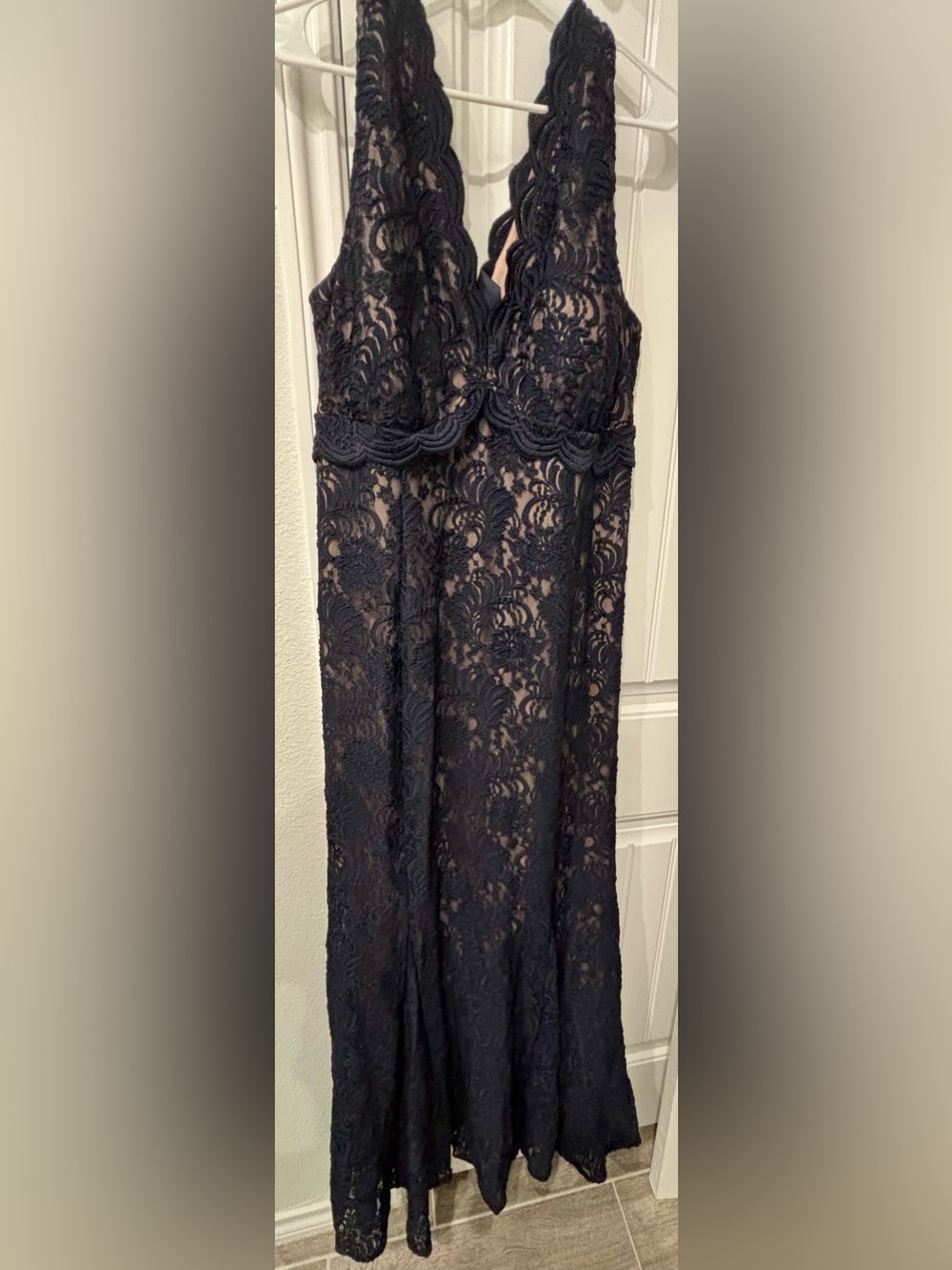 Night Way Collections Navy Lace Maxi Dress with Scalloped Waist